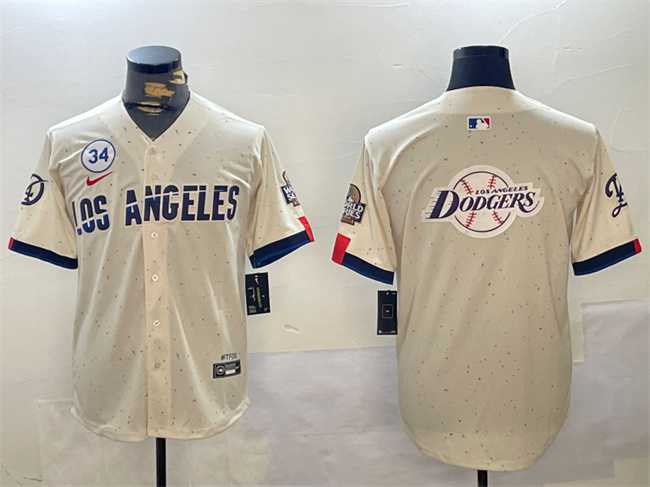 Mens Los Angeles Dodgers Team Big Logo Cream 2024 World Series With No. 34 Patch Limited Stitched Baseball Jersey